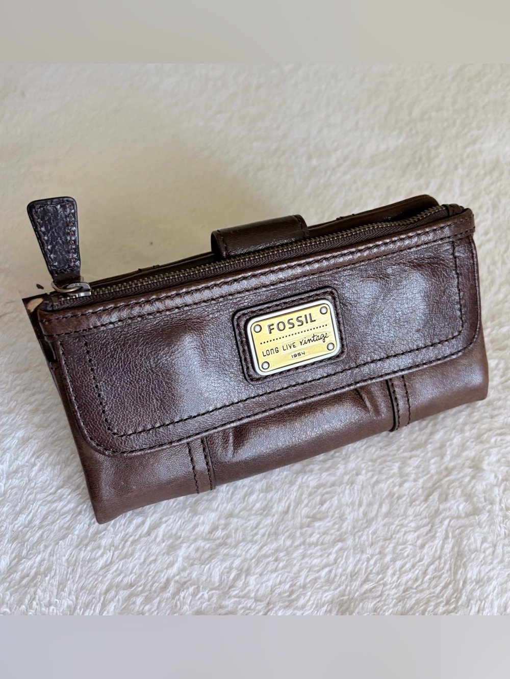 Fossil Dark Brown Leather Zip & Snap Card Holder with Gold Logo Plate